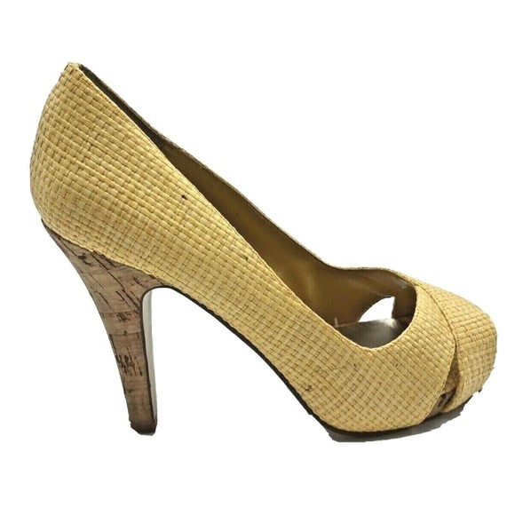 Nine West Jacero Yellow Woven Raffia Peep Toe Slip On Cork Platform Heels SZ 7.5 - Picture 1 of 8